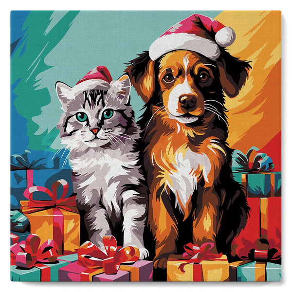 Mini Paint by numbers 8"x8" framed - Festive Cat & Dog