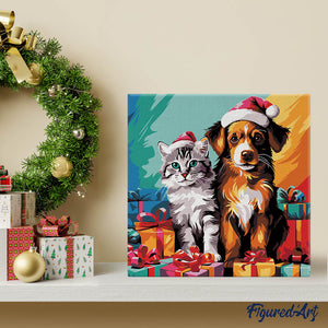 Mini Paint by numbers 8"x8" framed - Festive Cat & Dog