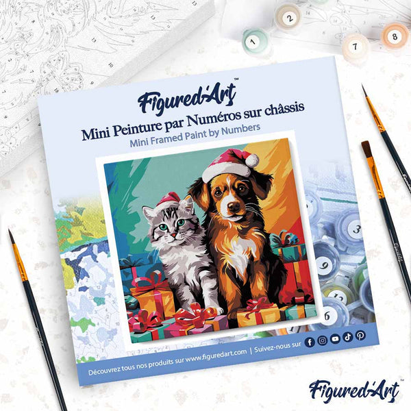 Mini Paint by numbers 8"x8" framed - Festive Cat & Dog