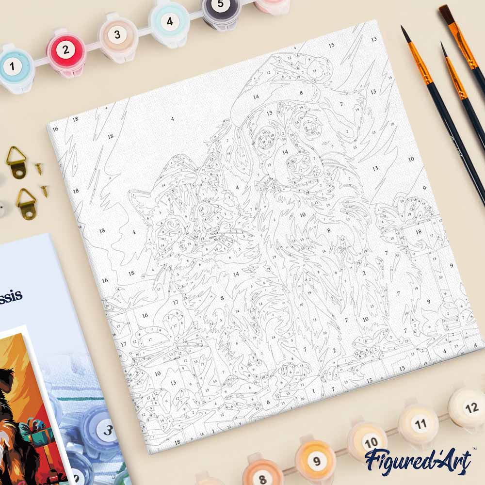 Mini Paint by numbers 8"x8" framed - Festive Cat & Dog