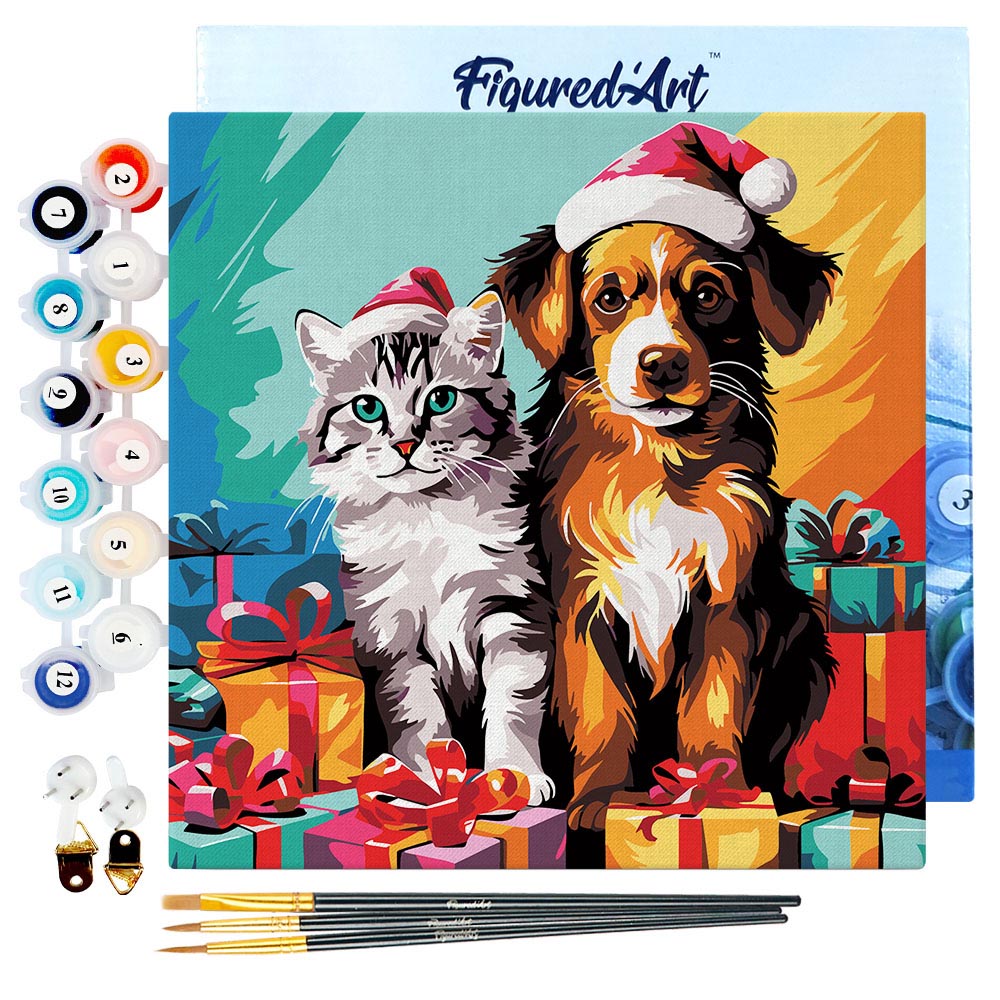 Mini Paint by numbers 8"x8" framed - Festive Cat & Dog