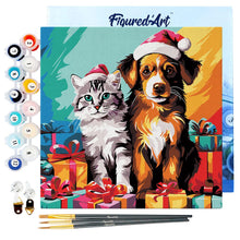 Load image into Gallery viewer, Mini Paint by numbers 8&quot;x8&quot; framed - Festive Cat &amp; Dog