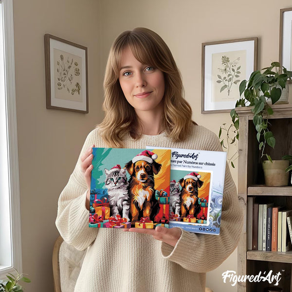 Mini Paint by numbers 8"x8" framed - Festive Cat & Dog