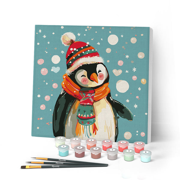 Paint by numbers kit Mini Paint by numbers 8"x8" framed - Happy Penguin Figured'Art