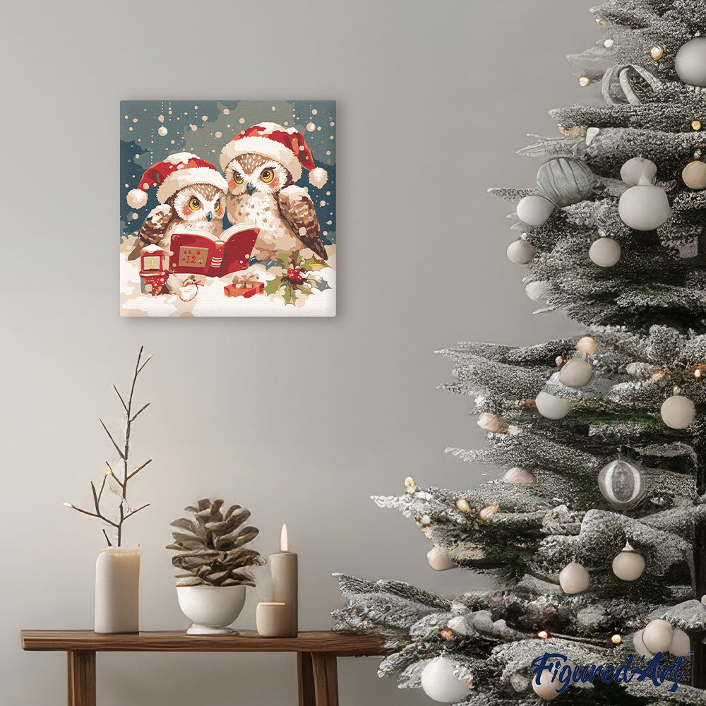 Mini Paint by numbers 8"x8" framed - Santa Owls Reading
