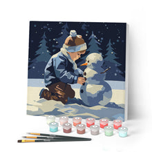 Load image into Gallery viewer, Paint by numbers kit Mini Paint by numbers 8"x8" framed - A Boy and a Snowman Figured'Art