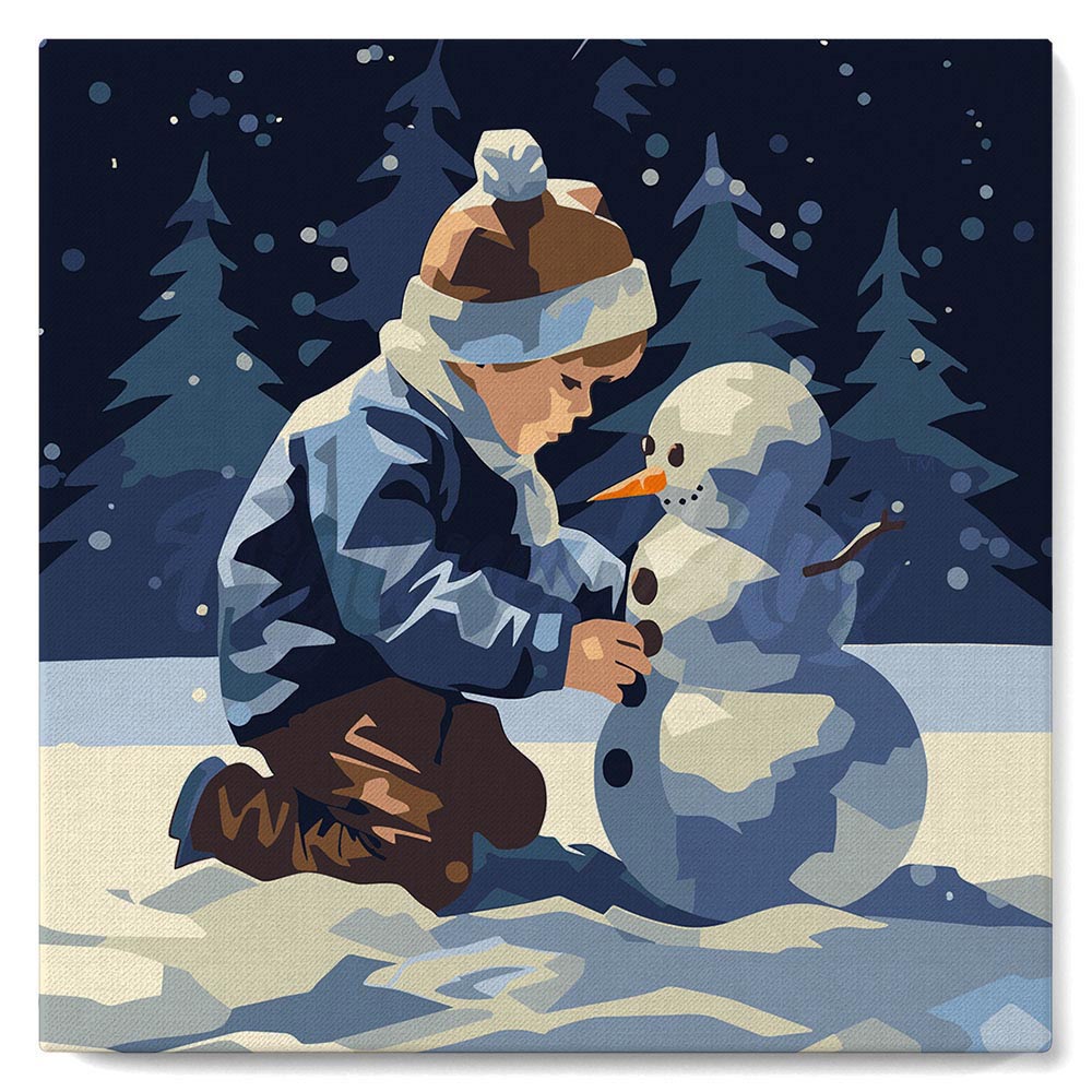 Paint by numbers kit Mini Paint by numbers 8"x8" framed - A Boy and a Snowman Figured'Art