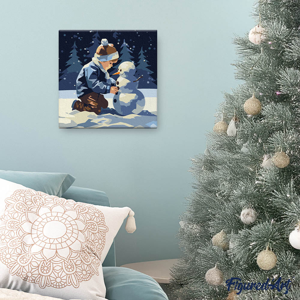 Mini Paint by numbers 8"x8" framed - A Boy and a Snowman