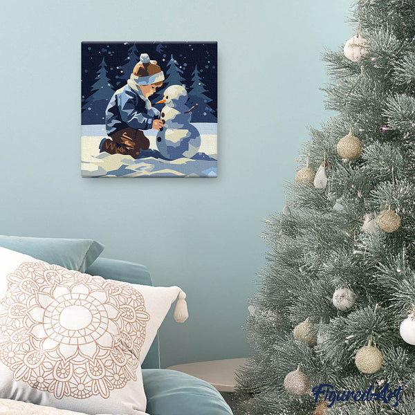 Mini Paint by numbers 8"x8" framed - A Boy and a Snowman