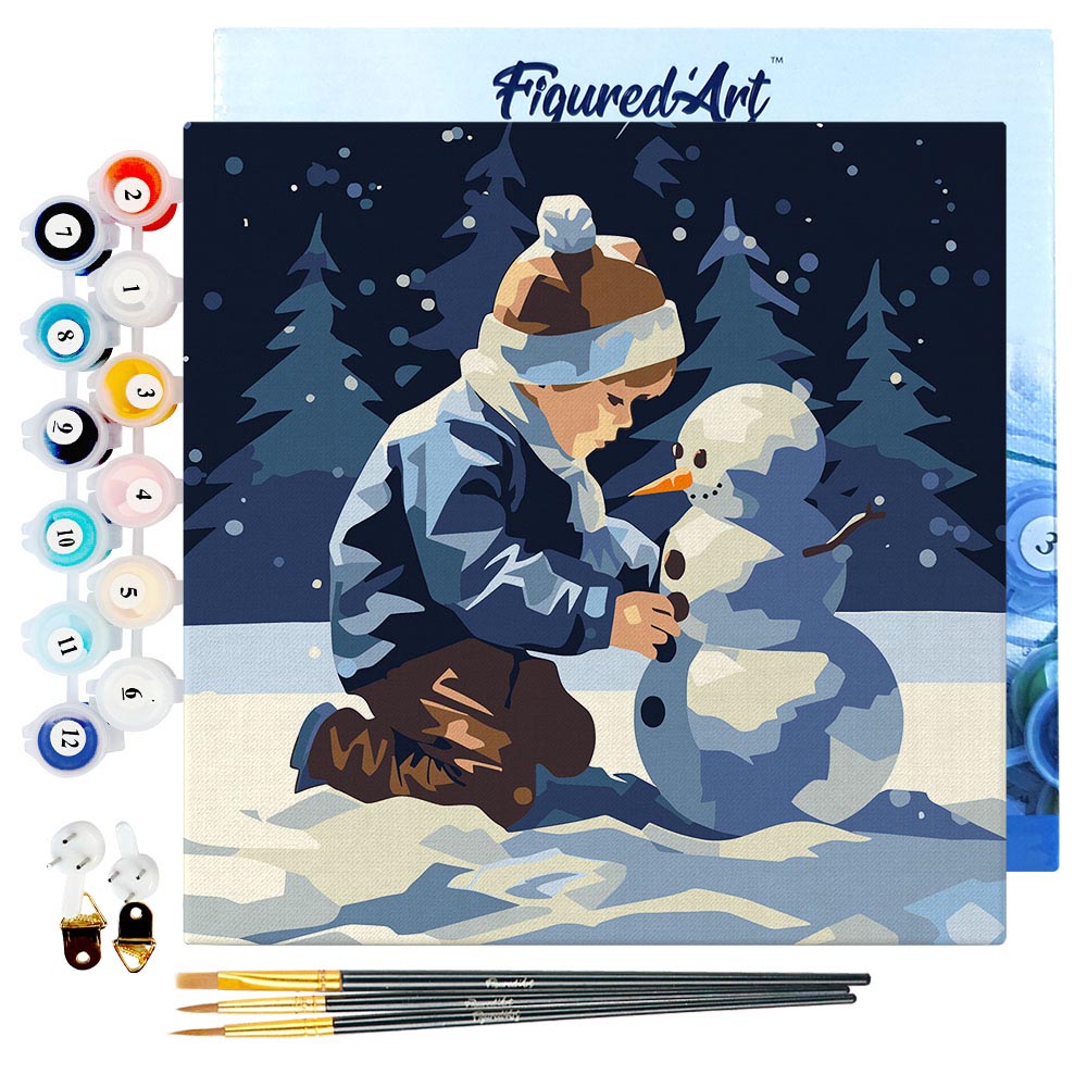 Mini Paint by numbers 8"x8" framed - A Boy and a Snowman