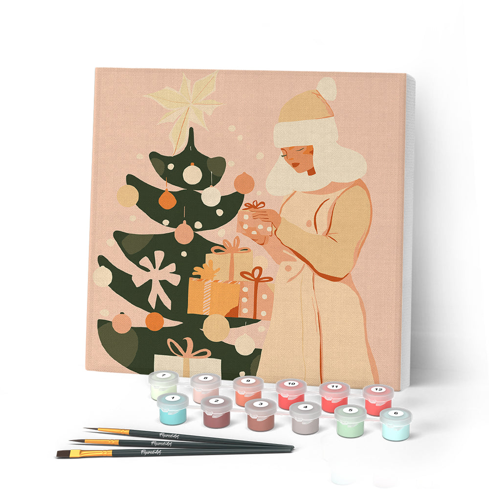 Paint by numbers kit Mini Paint by numbers 8"x8" framed - Woman with Christmas Tree Figured'Art