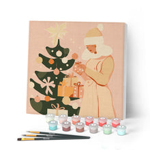 Load image into Gallery viewer, Paint by numbers kit Mini Paint by numbers 8"x8" framed - Woman with Christmas Tree Figured'Art