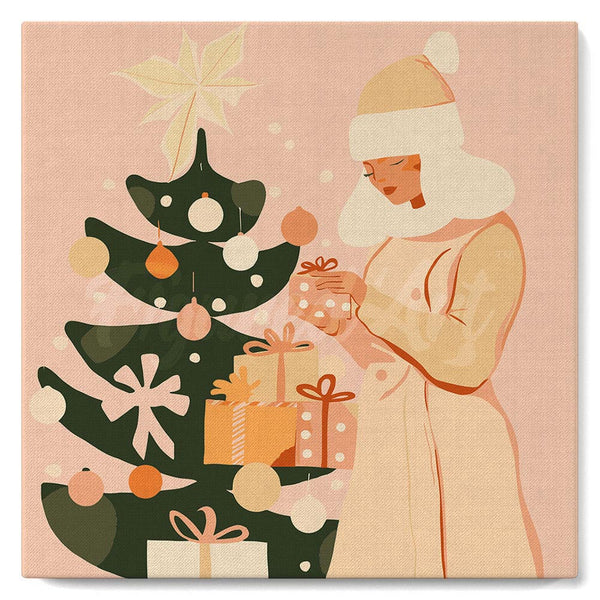 Paint by numbers kit Mini Paint by numbers 8"x8" framed - Woman with Christmas Tree Figured'Art