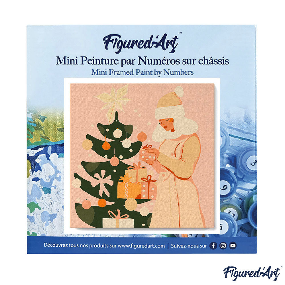 Mini Paint by numbers 8"x8" framed - Woman with Christmas Tree