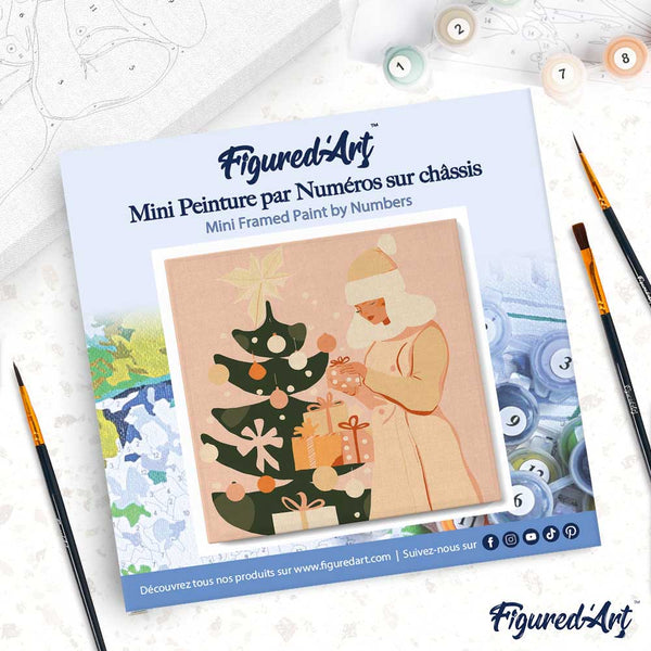 Mini Paint by numbers 8"x8" framed - Woman with Christmas Tree