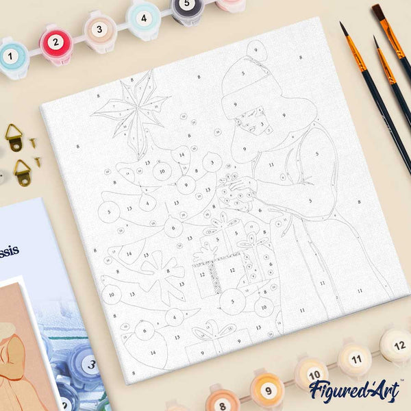 Mini Paint by numbers 8"x8" framed - Woman with Christmas Tree