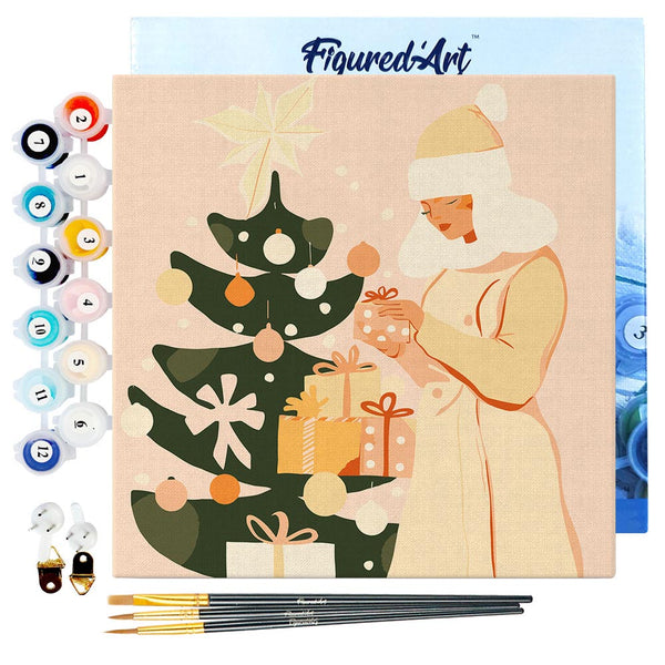 Mini Paint by numbers 8"x8" framed - Woman with Christmas Tree