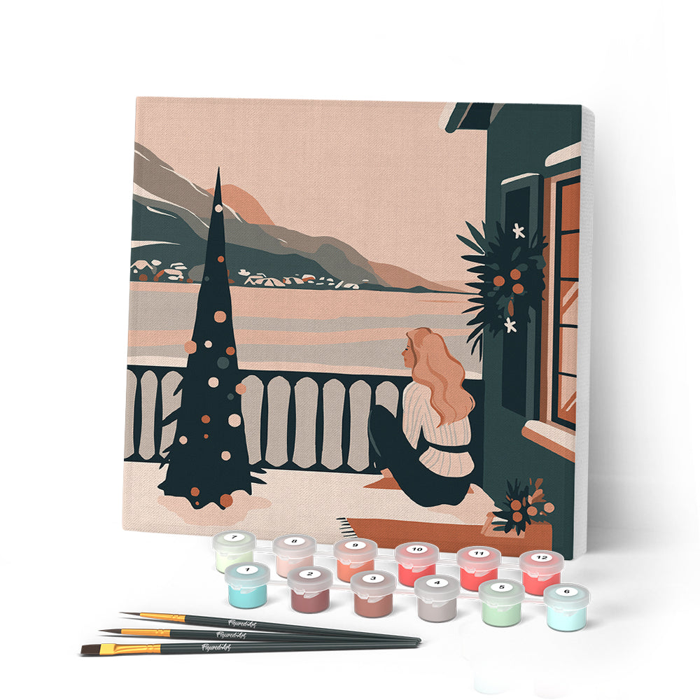 Paint by numbers kit Mini Paint by numbers 8"x8" framed - Girl and Winter Lake Figured'Art