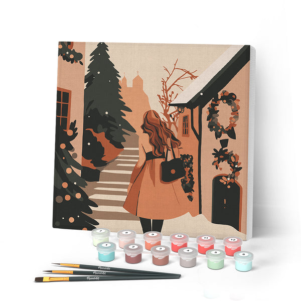 Paint by numbers kit Mini Paint by numbers 8"x8" framed - Girl in Festive Village Figured'Art