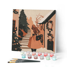 Load image into Gallery viewer, Paint by numbers kit Mini Paint by numbers 8"x8" framed - Girl in Festive Village Figured'Art