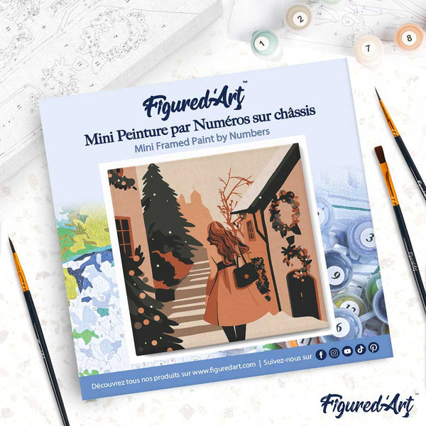 Mini Paint by numbers 8"x8" framed - Girl in Festive Village