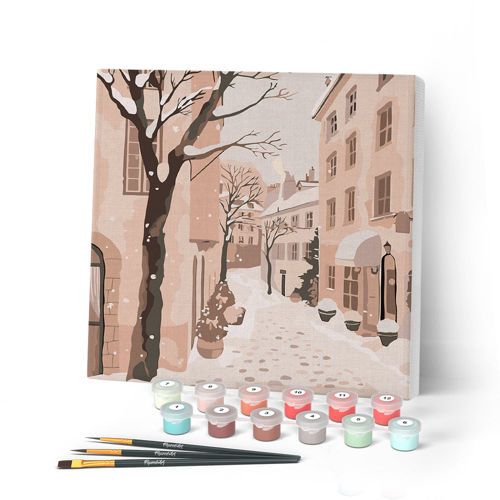 Paint by numbers kit Mini Paint by numbers 8"x8" framed - Peaceful Snowy Town Figured'Art