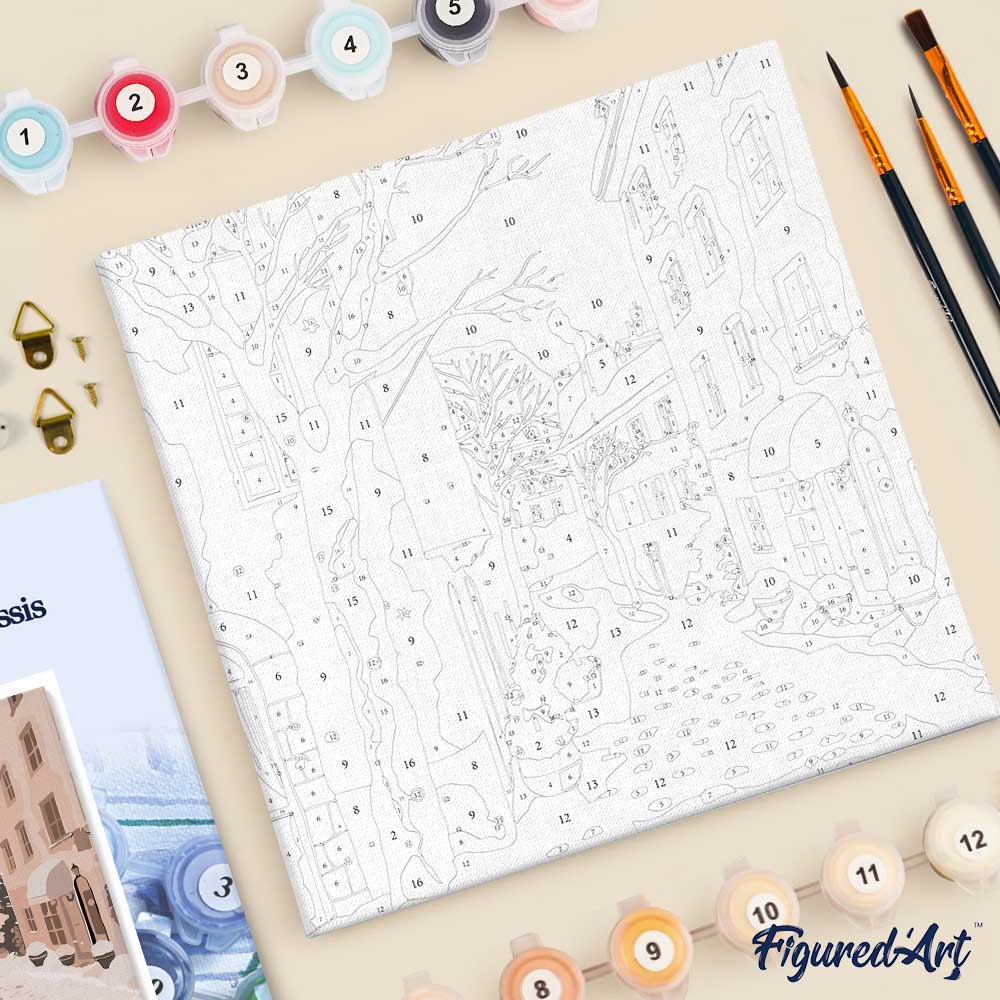 Mini Paint by numbers 8"x8" framed - Peaceful Snowy Town