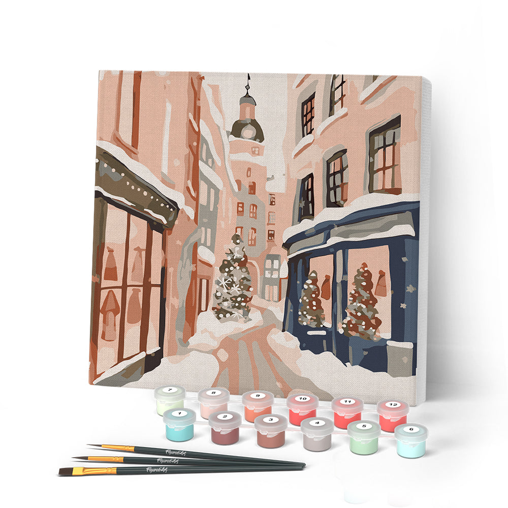 Paint by numbers kit Mini Paint by numbers 8"x8" framed - Snowy Christmas Alley Figured'Art