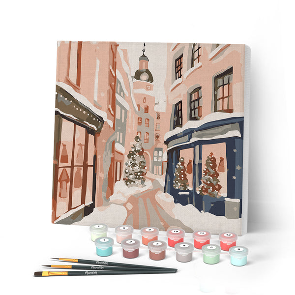 Paint by numbers kit Mini Paint by numbers 8"x8" framed - Snowy Christmas Alley Figured'Art