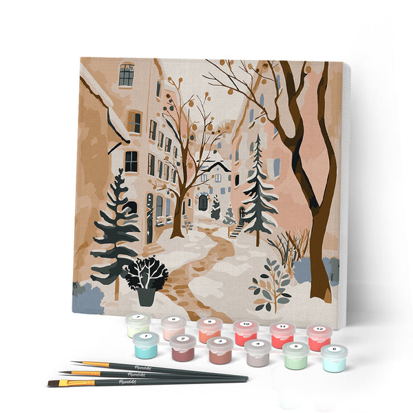 Paint by numbers kit Mini Paint by numbers 8"x8" framed - Snowy Village Figured'Art