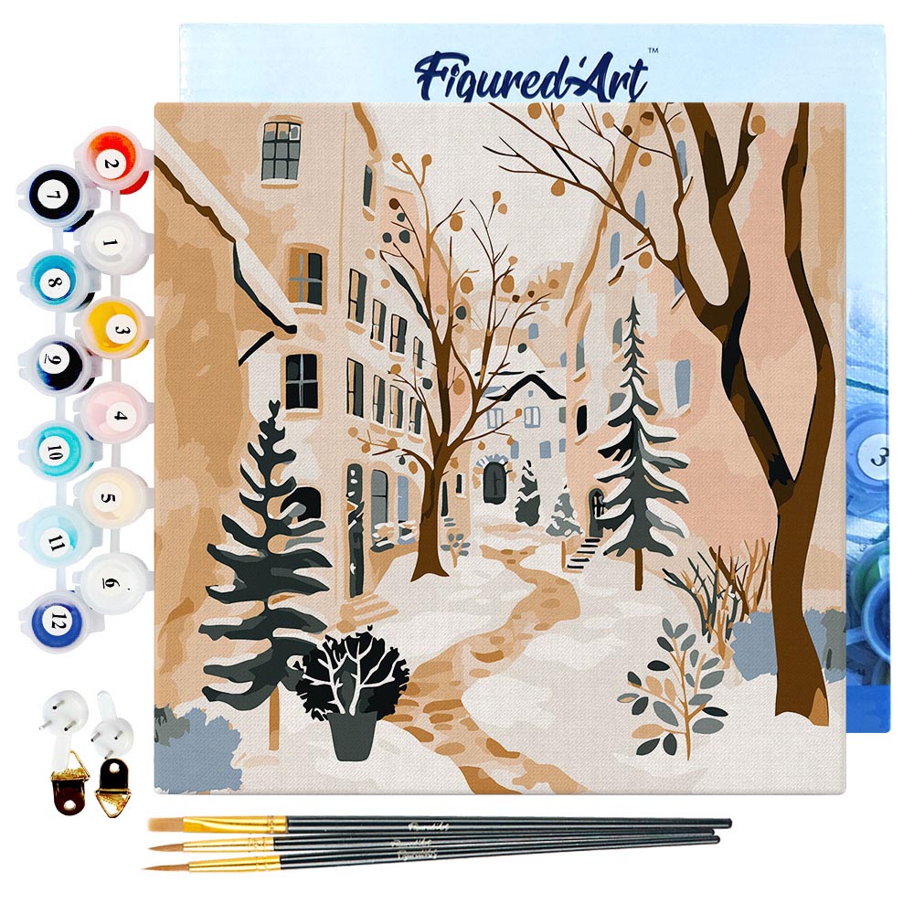 Mini Paint by numbers 8"x8" framed - Snowy Village