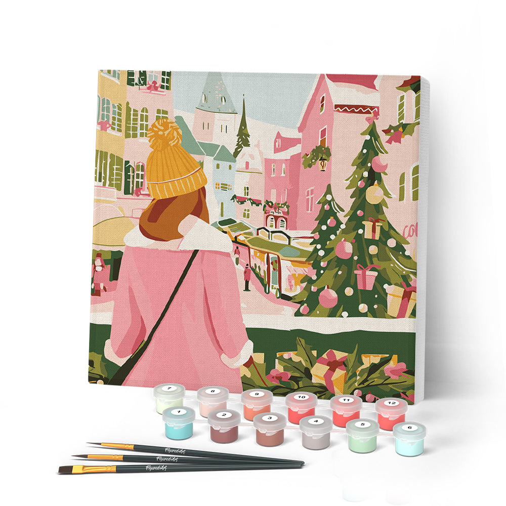 Paint by numbers kit Mini Paint by numbers 8"x8" framed - Girl at Christmas Market Figured'Art