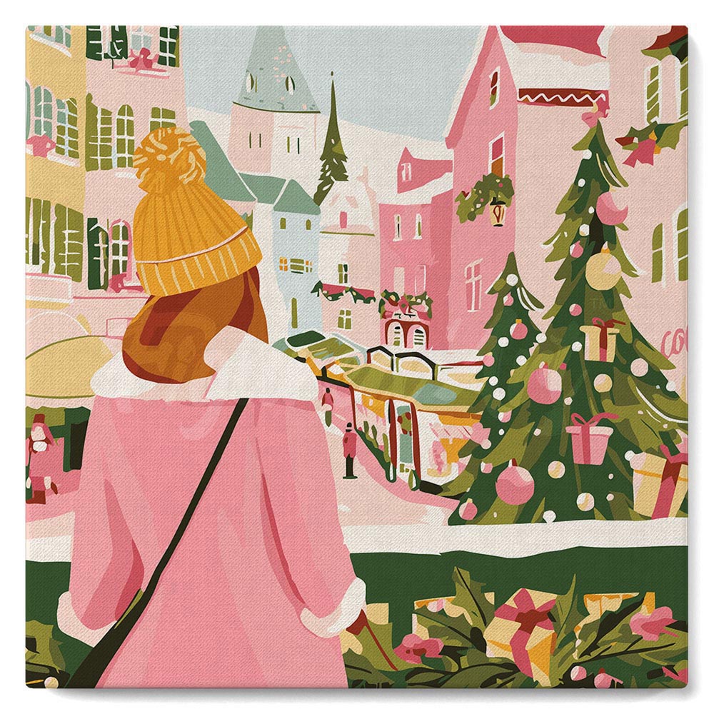 Mini Paint by numbers 8"x8" framed - Girl at Christmas Market