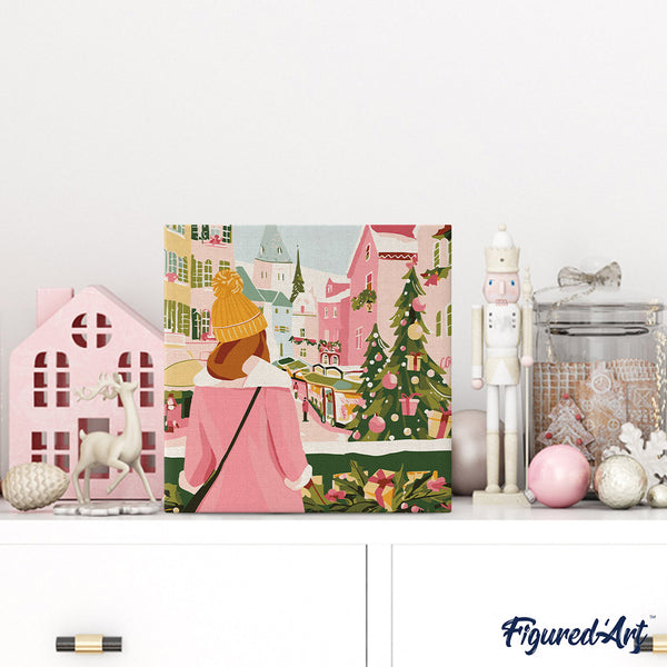 Mini Paint by numbers 8"x8" framed - Girl at Christmas Market