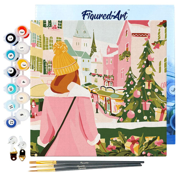 Mini Paint by numbers 8"x8" framed - Girl at Christmas Market