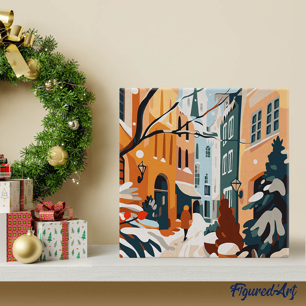 Mini Paint by numbers 8"x8" framed - Snowy Alley