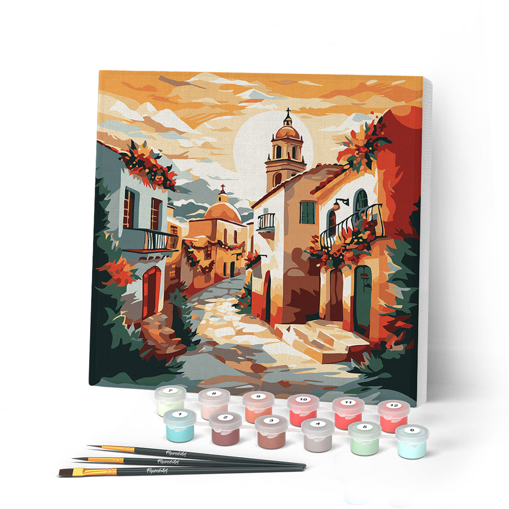 Paint by numbers kit Mini Paint by numbers 8"x8" framed - Sunny Village Church Figured'Art