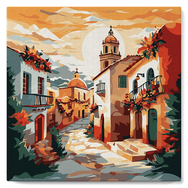 Paint by numbers kit Mini Paint by numbers 8"x8" framed - Sunny Village Church Figured'Art