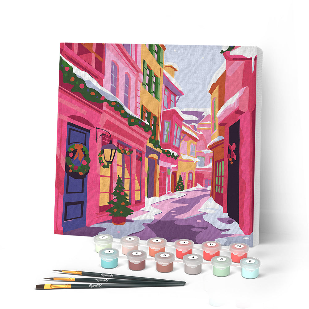 Paint by numbers kit Mini Paint by numbers 8"x8" framed - Pink Christmas Alley Figured'Art