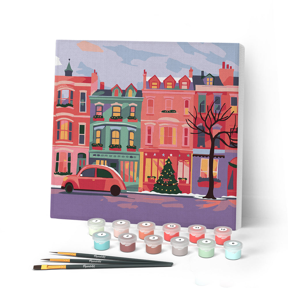 Paint by numbers kit Mini Paint by numbers 8"x8" framed - Colorful Christmas Street Figured'Art