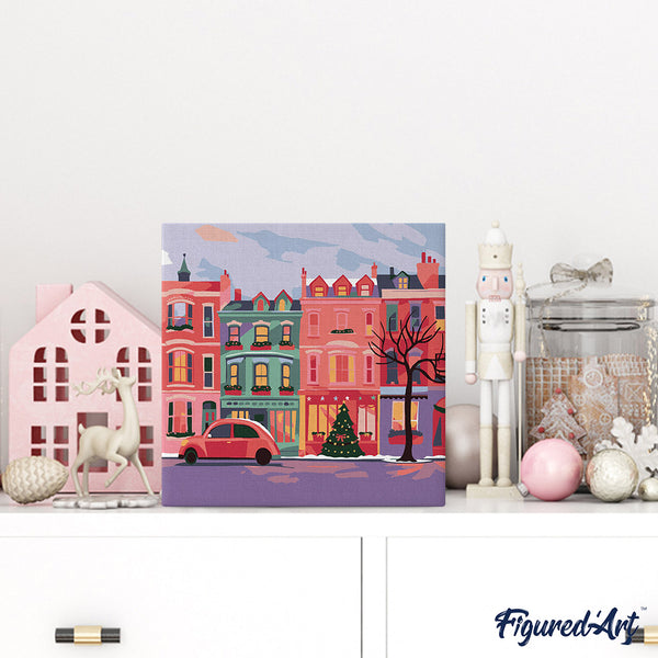Mini Paint by numbers 8"x8" framed - Colorful Christmas Street