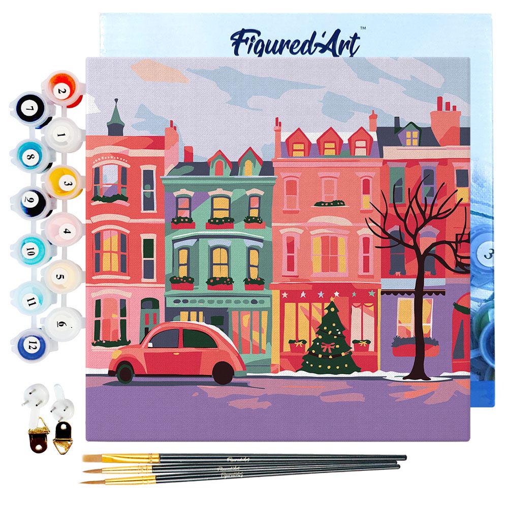 Mini Paint by numbers 8"x8" framed - Colorful Christmas Street