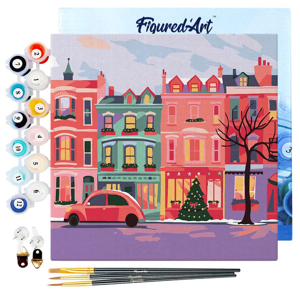 Mini Paint by numbers 8"x8" framed - Colorful Christmas Street