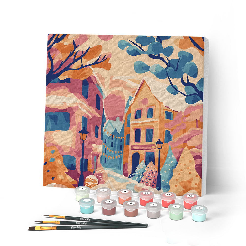 Paint by numbers kit Mini Paint by numbers 8"x8" framed - Lovely Snowy Town Figured'Art