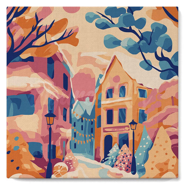 Mini Paint by numbers 8"x8" framed - Lovely Snowy Town