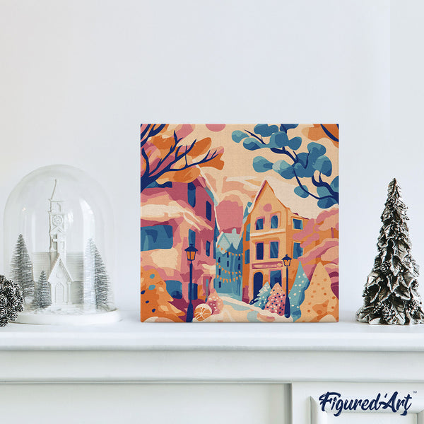 Mini Paint by numbers 8"x8" framed - Lovely Snowy Town