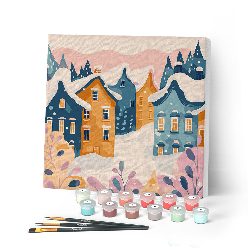 Paint by numbers kit Mini Paint by numbers 8"x8" framed - Lovely Winter Village Figured'Art