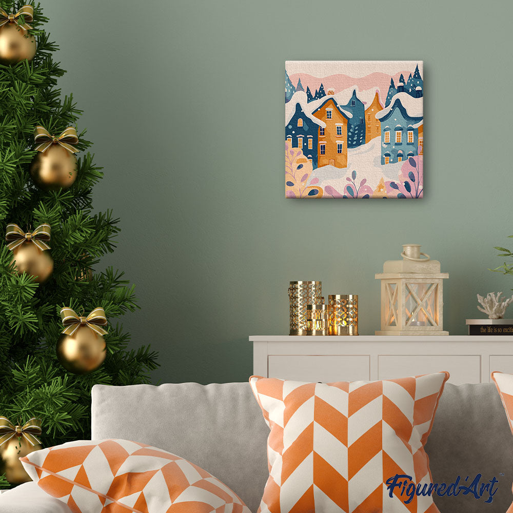 Mini Paint by numbers 8"x8" framed - Lovely Winter Village