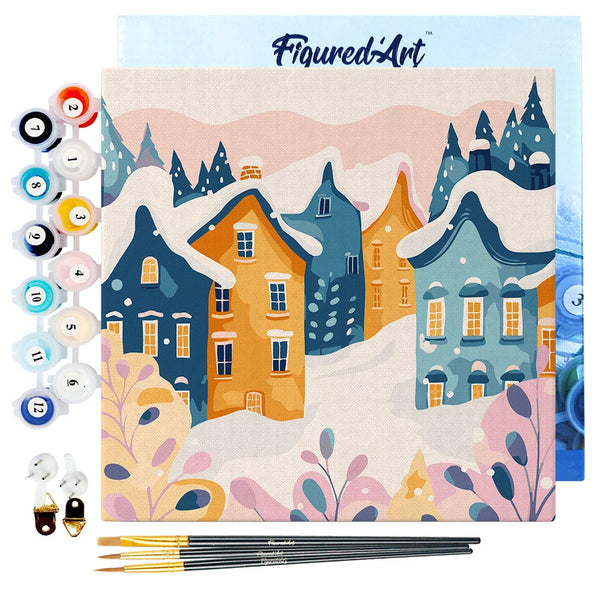 Mini Paint by numbers 8"x8" framed - Lovely Winter Village