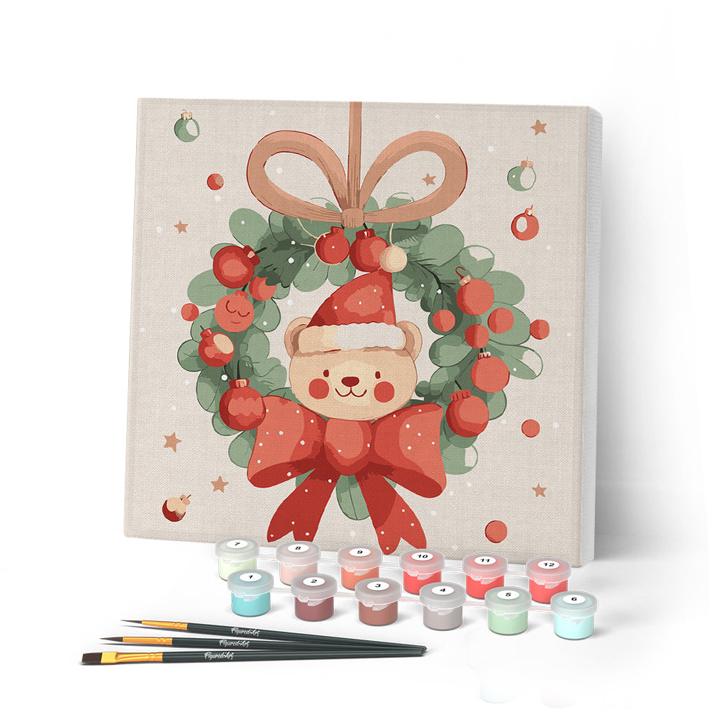 Paint by numbers kit Mini Paint by numbers 8"x8" framed - Christmas Wreath Bear Figured'Art